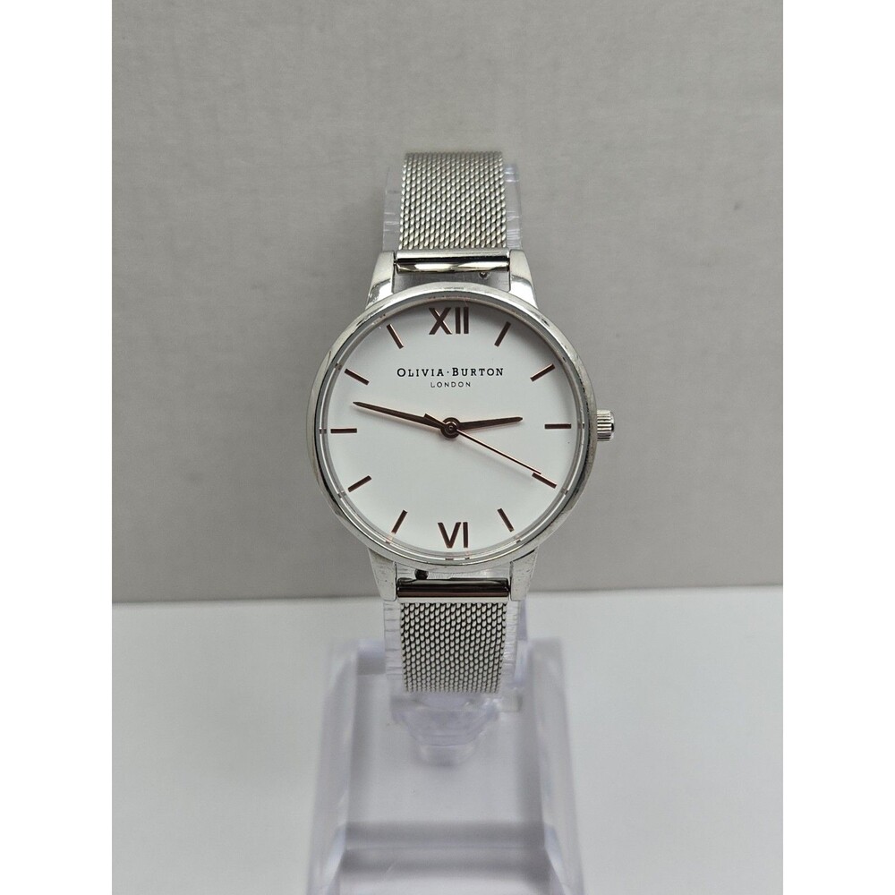 Olivia Burton London Womens Silver Mesh White Dial Quartz 30mm Watch New Battery
